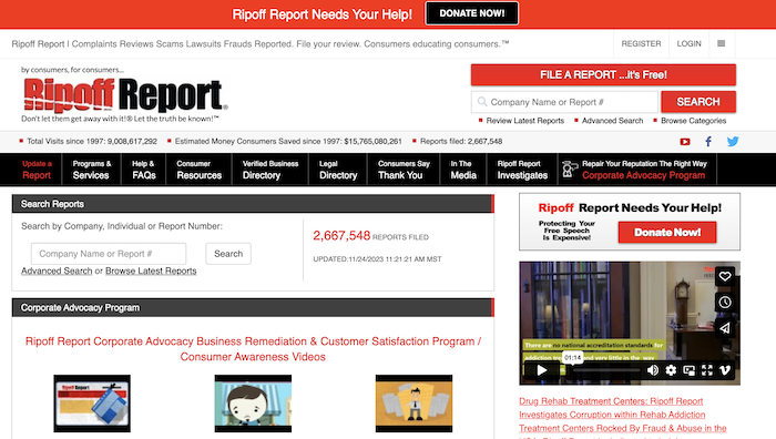 A screen shot showcasing the website for the business report, promoting ripoff report removal.